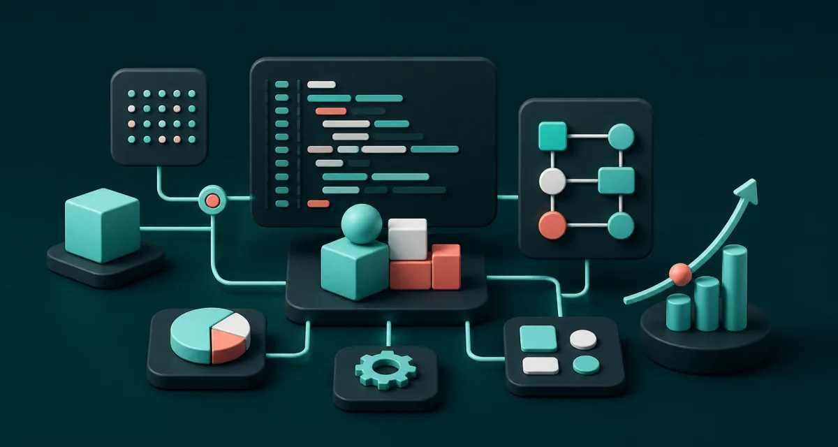 Ilustración de código, automatizaciones y crecimiento empresarial conectados.